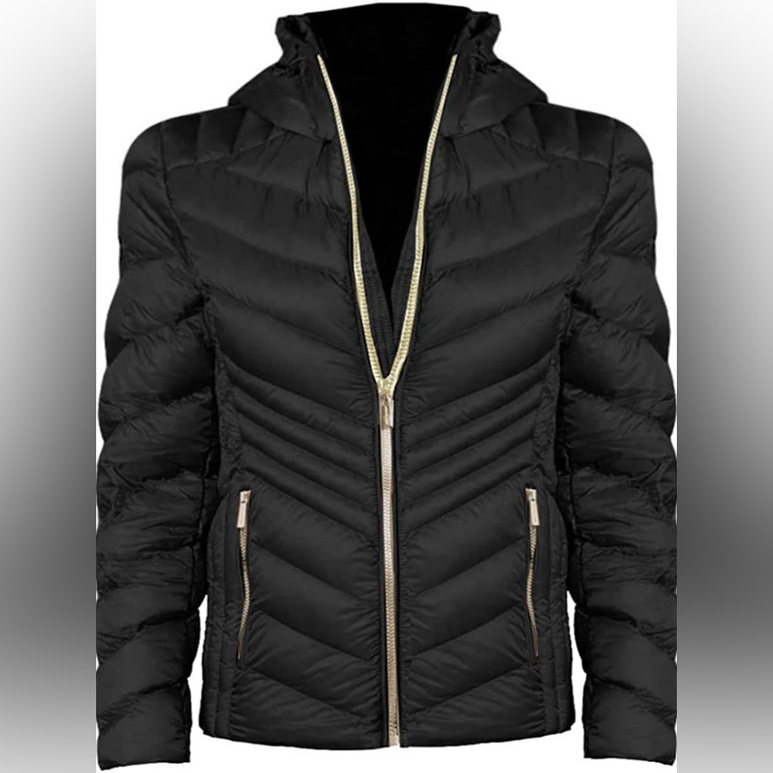 Nwot Michael Kors Black Chevron Down-Filled Packable Jacket W/ Gold Hardware